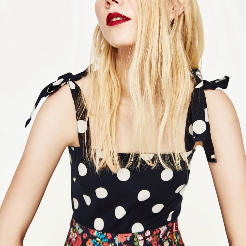 Zara navy blue and white Polka Dot Bow Strap bodysuit